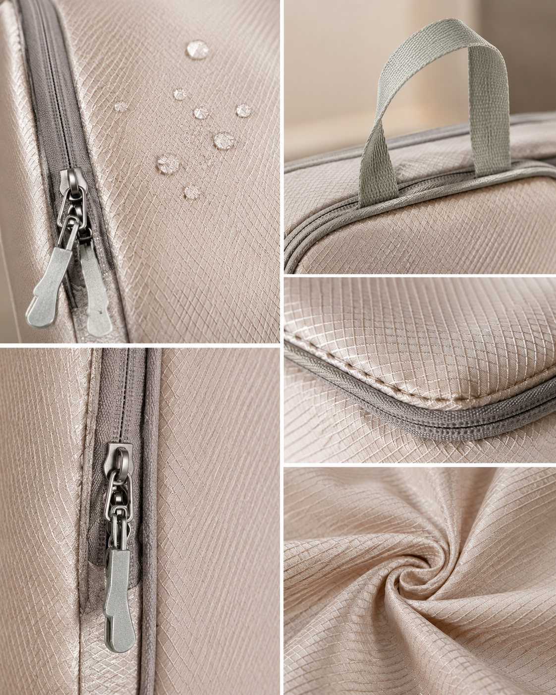 Close-up collage of a TRUGEAR compression packing cube highlighting water-resistant fabric, reinforced carry handle, durable dual zippers, premium stitching, and high-quality materials for reliable travel organization.