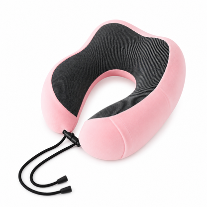 Pink TRUGEAR memory foam travel neck pillow with ergonomic U-shaped design and adjustable drawstring, providing comfortable neck support for airplanes, cars, trains, and everyday travel.