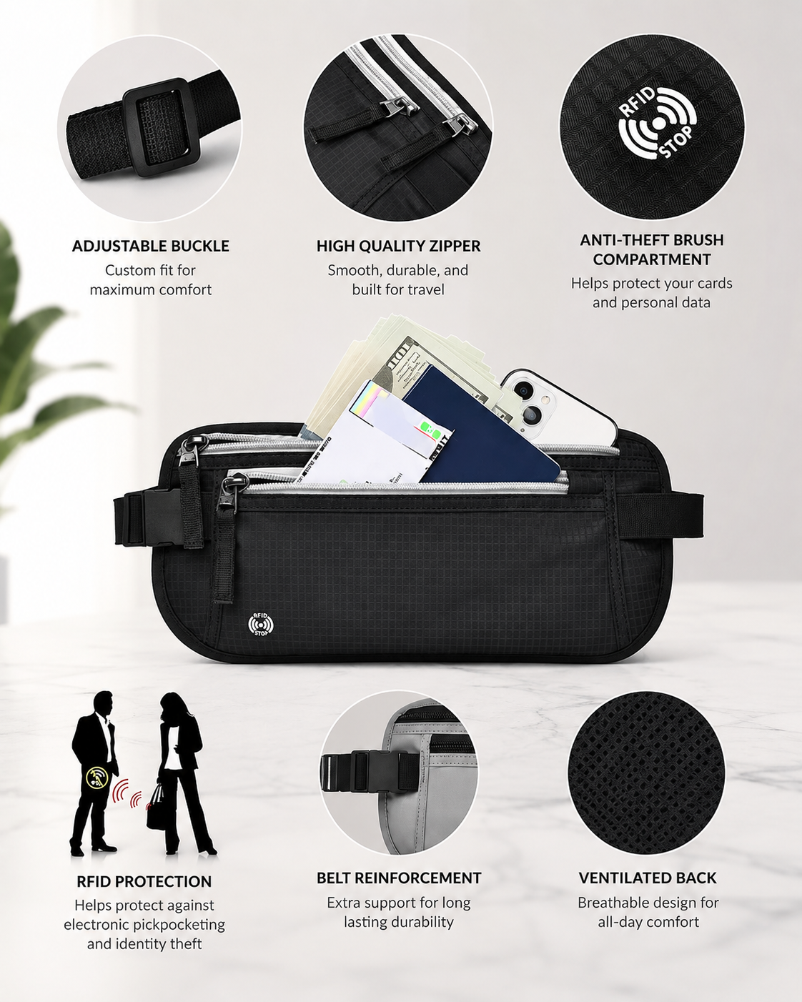 RFID Travel Money Belt & Passport Holder