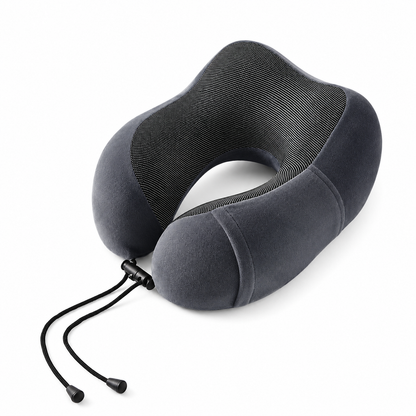 Dark gray TRUGEAR memory foam travel neck pillow with ergonomic U-shaped design and adjustable drawstring, providing comfortable neck support for airplanes, cars, trains, and everyday travel.