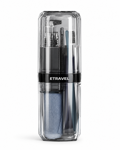 Portable grey refillable travel toiletry bottle set with spray bottle, pump dispenser, travel containers, and mini funnel in a compact transparent storage case for carry-on luggage and vacations.