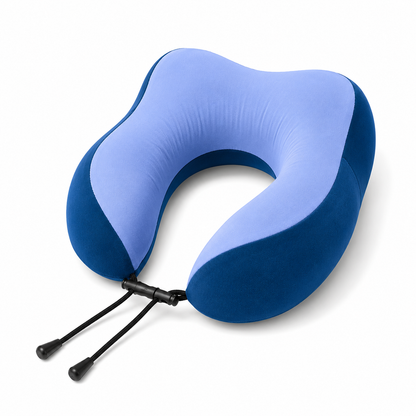 Blue and light blue TRUGEAR memory foam travel neck pillow with ergonomic U-shaped design and adjustable drawstring, providing comfortable neck support for airplanes, cars, trains, and everyday travel.