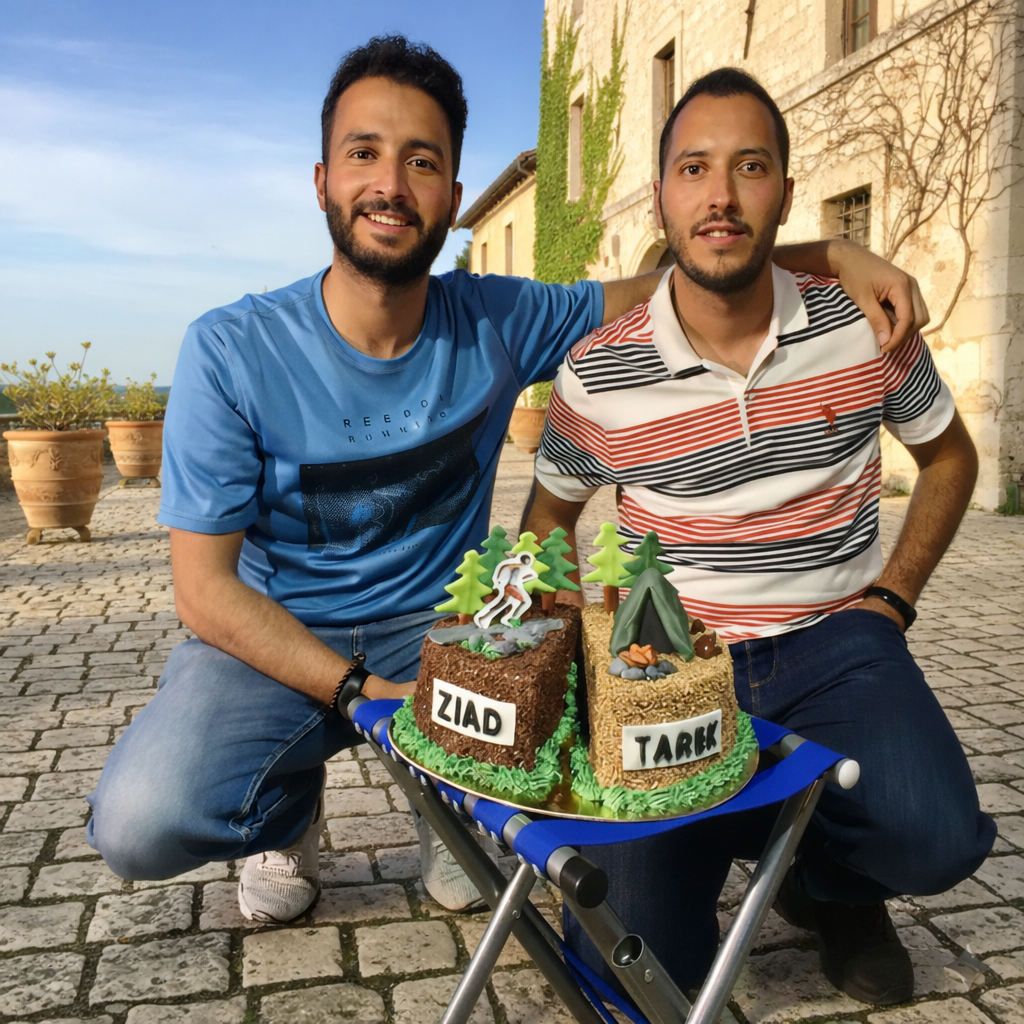Two men posing with a cake decorated like a house with 'Ziad' and 'Tarek' on it, outdoors.