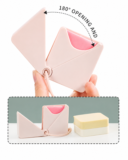 Portable paper soap sheets in a reusable pink travel case with 180-degree opening design, compact pocket-sized hand soap for travel, camping, hiking, and everyday hygiene.