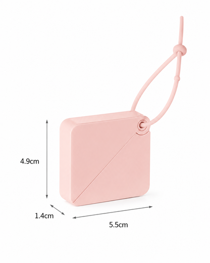 Portable pink paper soap sheets in a compact reusable travel case with dimensions 5.5 × 4.9 × 1.4 cm, pocket-sized hand soap for travel, camping, hiking, and everyday hygiene.