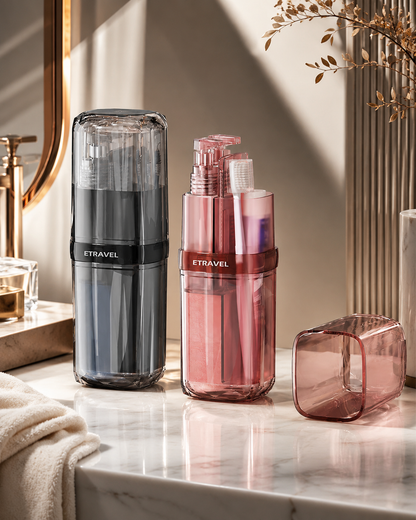 Portable refillable travel toiletry bottle sets in pink and gray with transparent storage cases, including spray bottles, pump dispensers, toothbrush holders, and travel containers for carry-on luggage and organized travel.