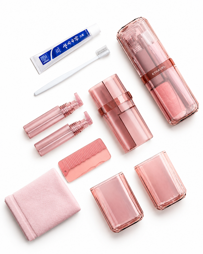 Complete pink refillable travel toiletry bottle set with transparent storage case, spray bottles, pump dispensers, travel containers, toothbrush, toothpaste, microfiber towel, and travel accessories for carry-on luggage and vacations.