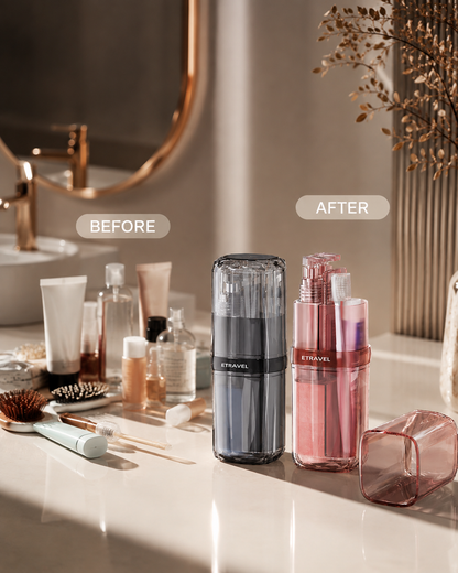 Before and after view of a portable refillable travel toiletry bottle set with spray bottle, pump dispenser, toothbrush holder, and transparent storage case, ideal for carry-on luggage, vacations, and business travel.