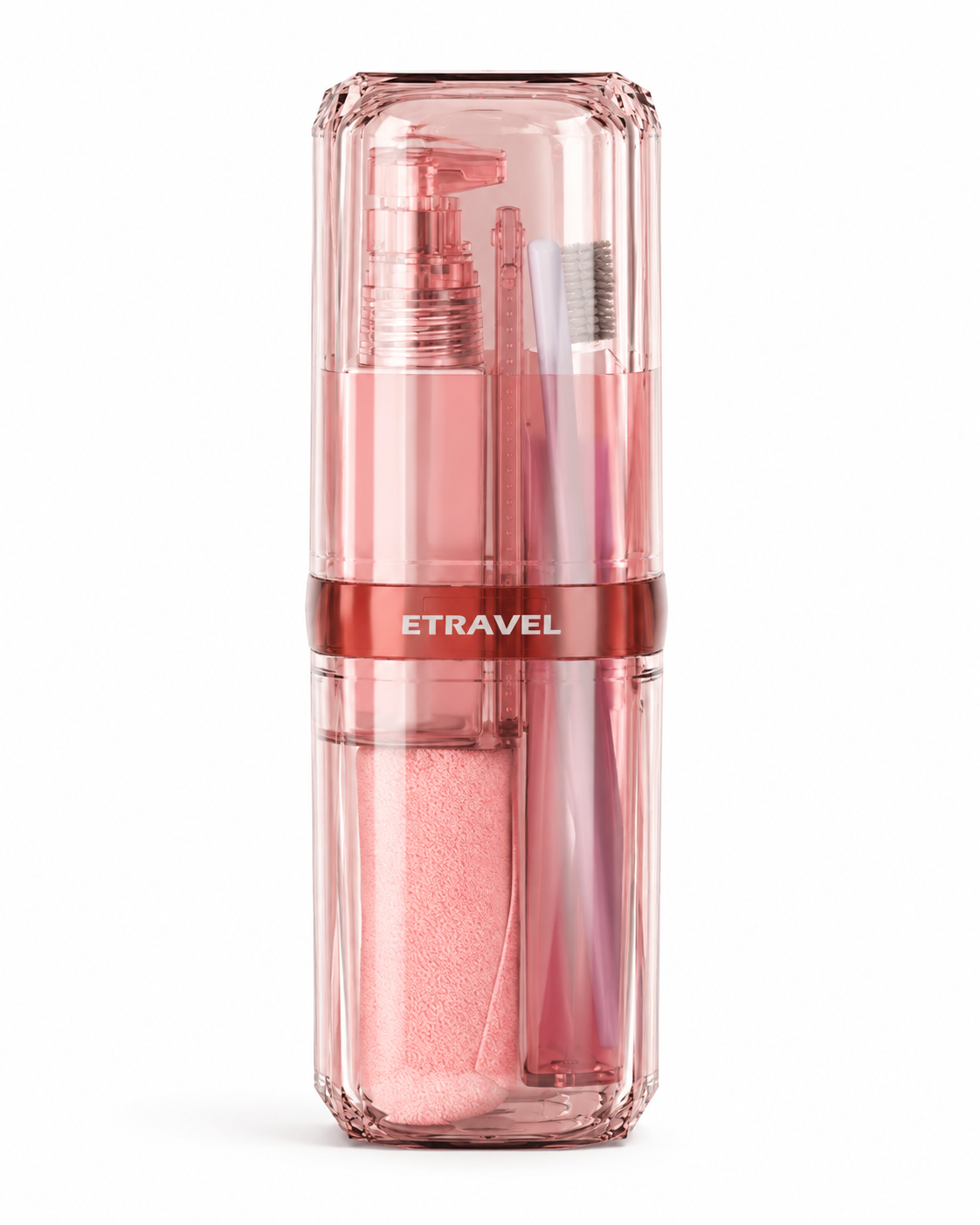 Portable pink refillable travel toiletry bottle set with spray bottle, pump dispenser, travel containers, and mini funnel in a compact transparent storage case for carry-on luggage and vacations.