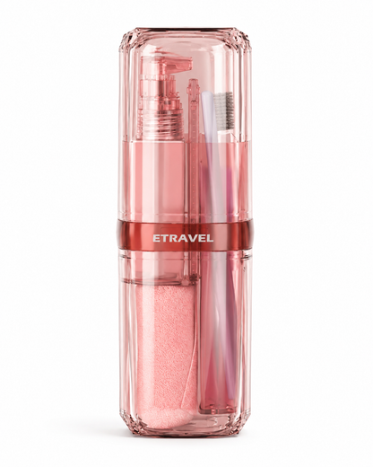 Portable pink refillable travel toiletry bottle set with spray bottle, pump dispenser, travel containers, and mini funnel in a compact transparent storage case for carry-on luggage and vacations.