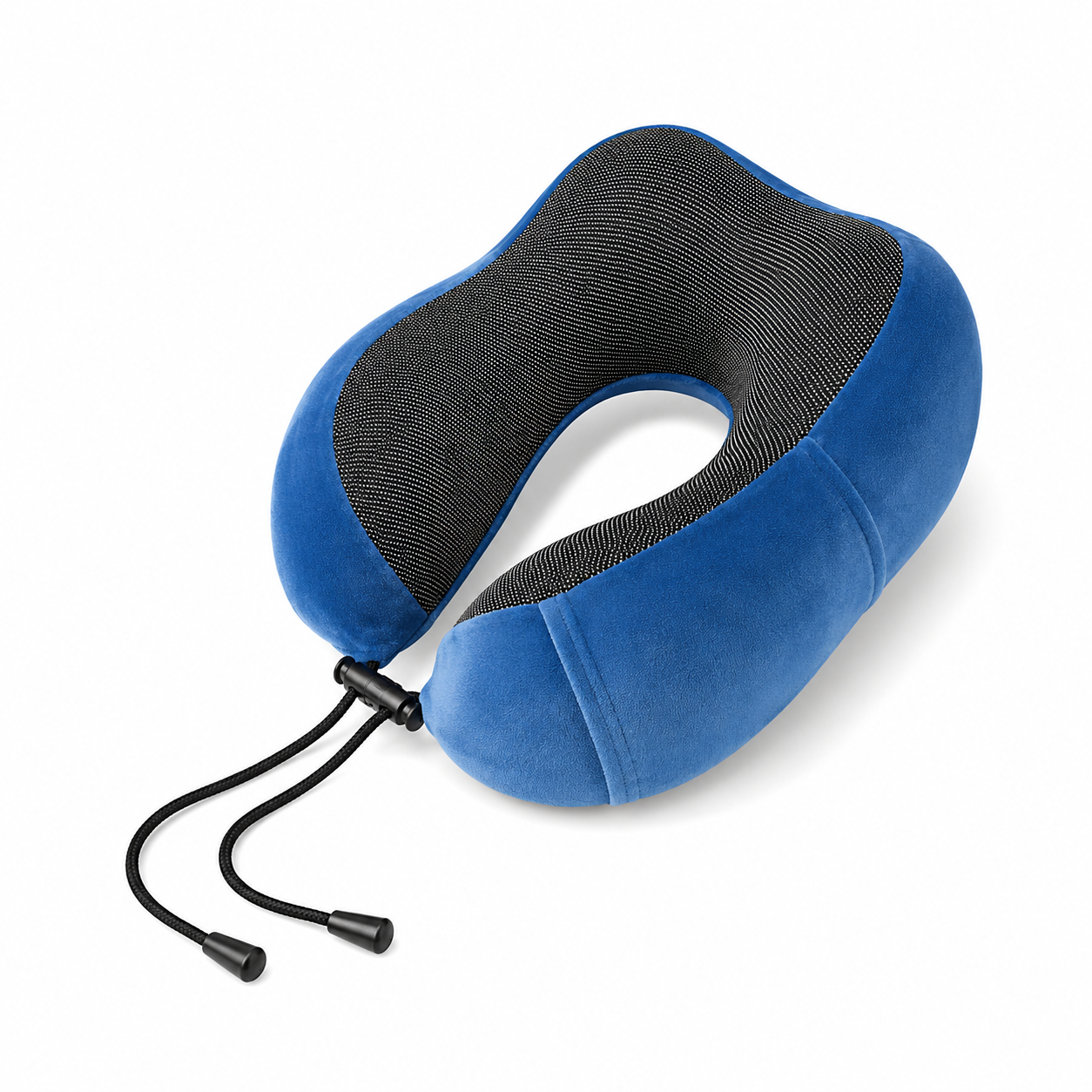 Royal Blue TRUGEAR memory foam travel neck pillow with ergonomic U-shaped design and adjustable drawstring, providing comfortable neck support for airplanes, cars, trains, and everyday travel.