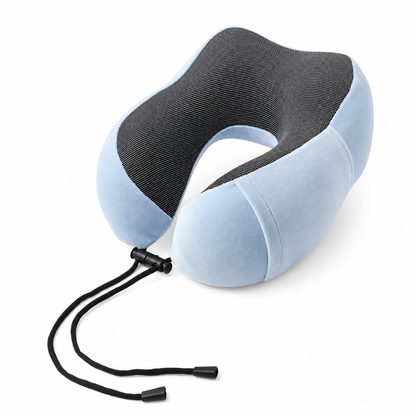 Light blue TRUGEAR memory foam travel neck pillow with ergonomic U-shaped design and adjustable drawstring, providing comfortable neck support for airplanes, cars, trains, and everyday travel.