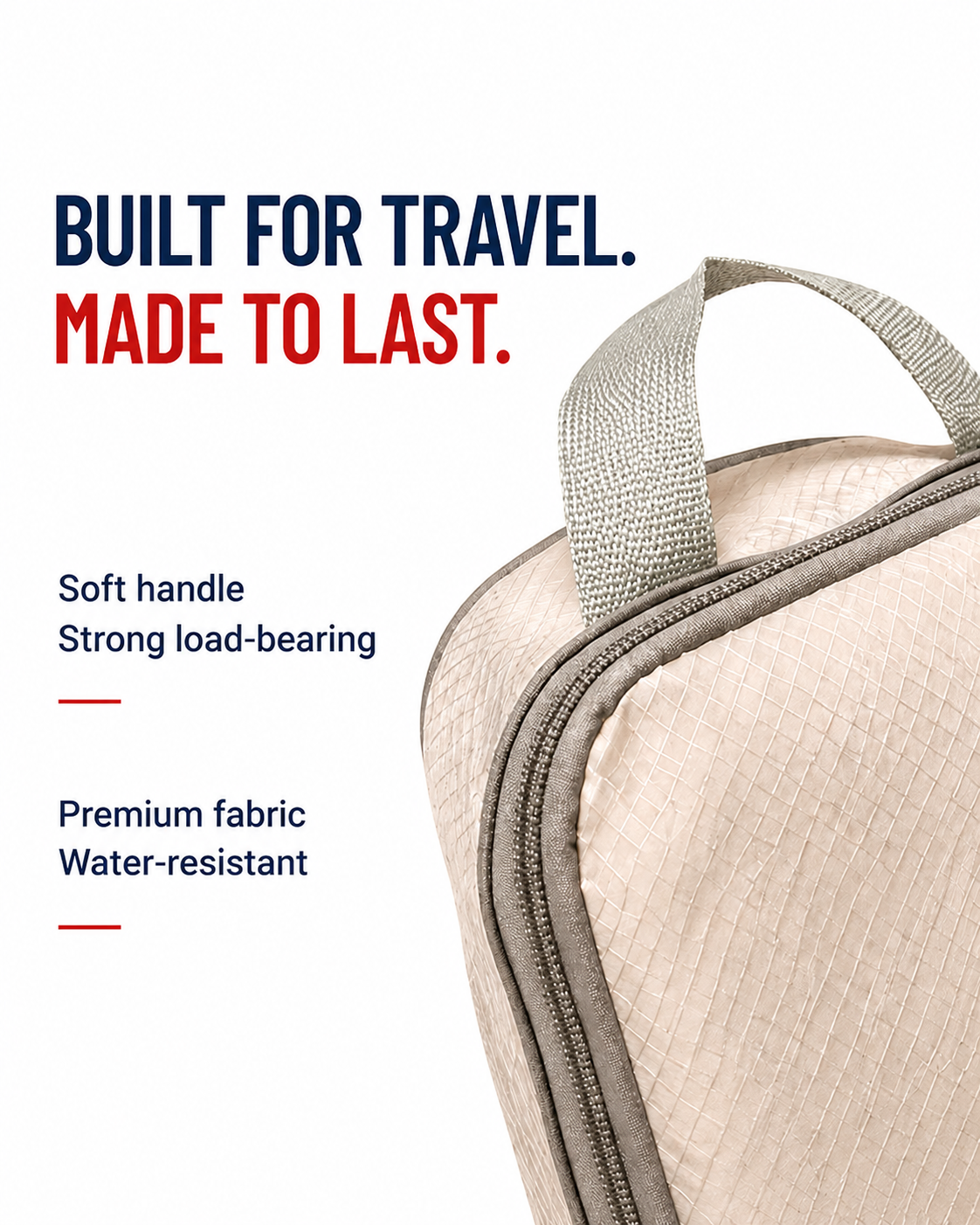 Close-up of a TRUGEAR beige compression packing cube highlighting the reinforced carry handle, durable zipper, and premium water-resistant fabric for reliable travel and suitcase organization.