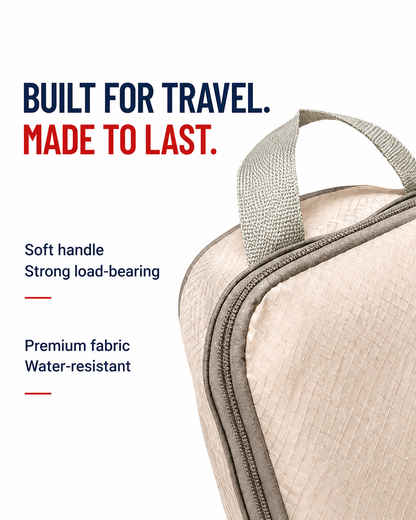 Close-up of a TRUGEAR beige compression packing cube highlighting the reinforced carry handle, durable zipper, and premium water-resistant fabric for reliable travel and suitcase organization.