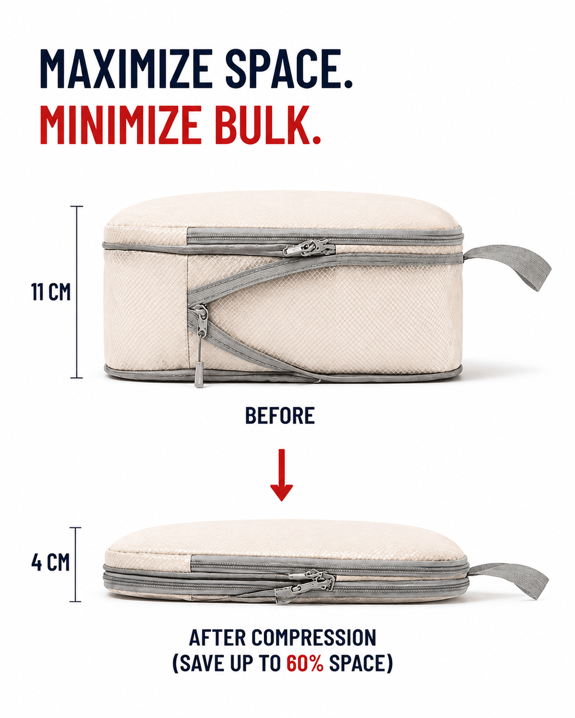 TRUGEAR beige compression packing cube showing before and after compression, reducing height from 11 cm to 4 cm to save up to 60% suitcase space for efficient travel packing.