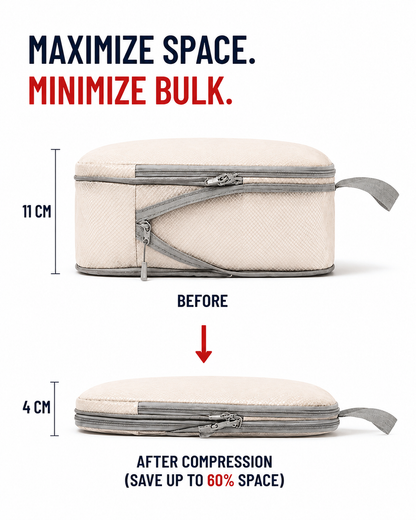TRUGEAR beige compression packing cube showing before and after compression, reducing height from 11 cm to 4 cm to save up to 60% suitcase space for efficient travel packing.