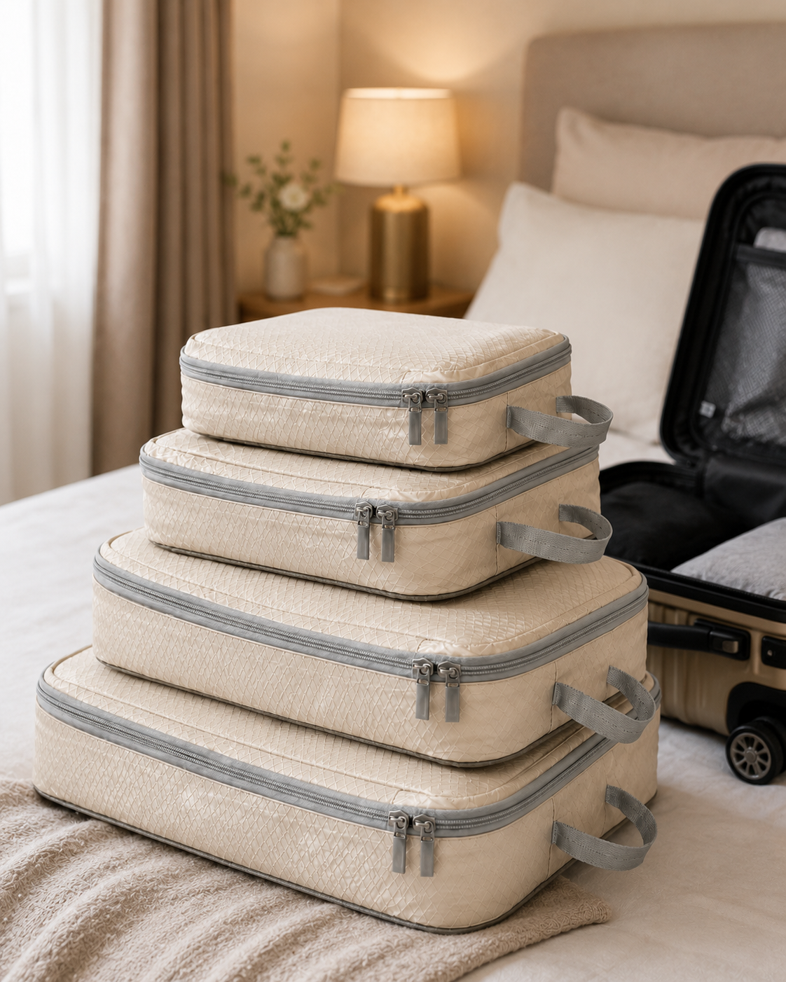 TRUGEAR 4-piece beige compression packing cubes stacked on a bed beside an open suitcase, lightweight travel organizers for clothes, luggage packing, vacations, and business trips.