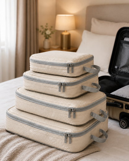 TRUGEAR 4-piece beige compression packing cubes stacked on a bed beside an open suitcase, lightweight travel organizers for clothes, luggage packing, vacations, and business trips.