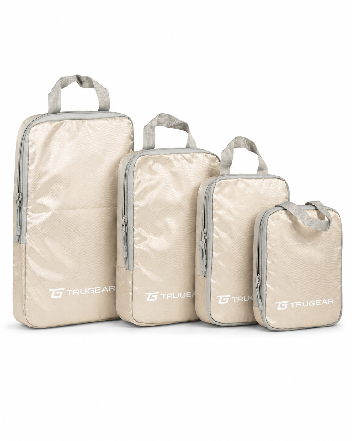 TRUGEAR 4-piece compression packing cubes set in beige with multiple sizes, lightweight travel luggage organizers for clothes, shoes, toiletries, and suitcase organization.