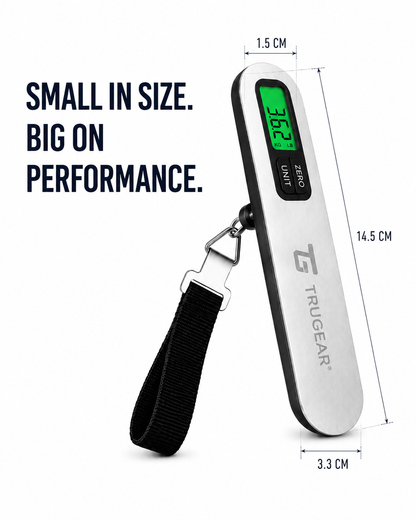 TRUGEAR compact digital luggage scale with stainless steel body, backlit LCD display, luggage strap, and dimensions of 14.5 × 3.3 × 1.5 cm, portable travel scale for weighing suitcases up to 50 kg.