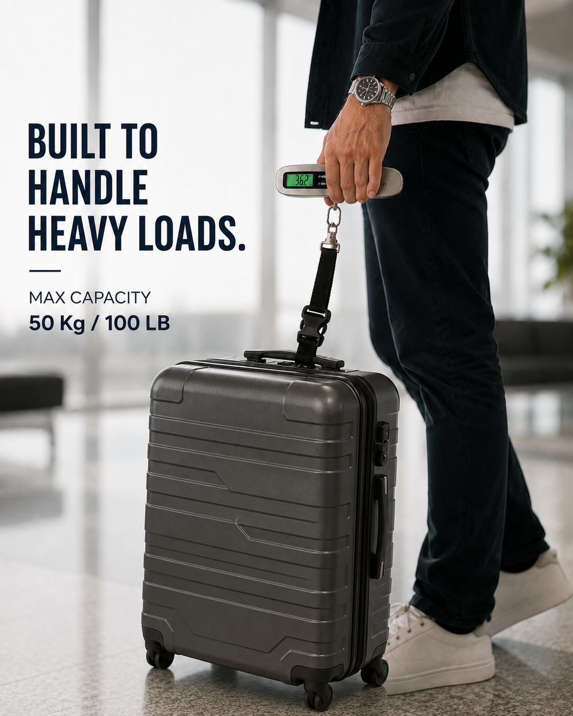Traveler using a TRUGEAR digital luggage scale to weigh a suitcase, portable stainless steel baggage scale with 50 kg capacity, LCD display, and secure luggage strap for airline travel.