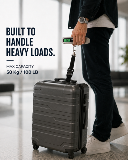 Traveler using a TRUGEAR digital luggage scale to weigh a suitcase, portable stainless steel baggage scale with 50 kg capacity, LCD display, and secure luggage strap for airline travel.