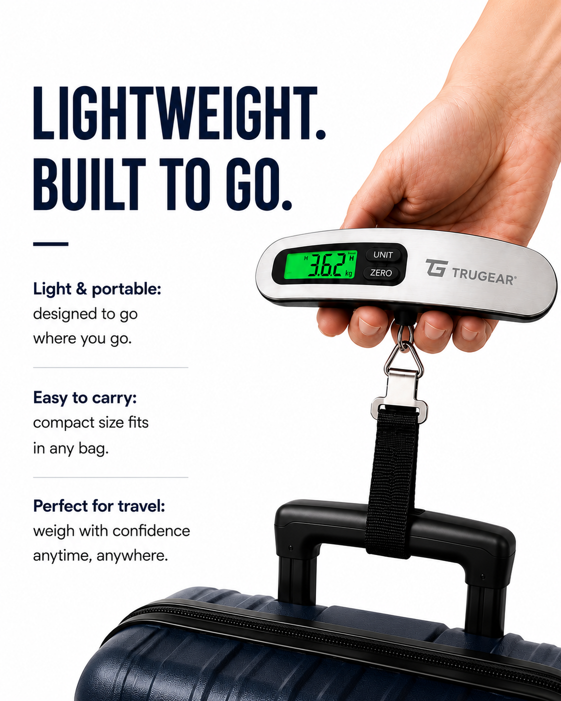 Hand holding a TRUGEAR digital luggage scale weighing a suitcase, featuring a stainless steel body, LCD display, and luggage strap for accurate baggage weight measurement before flights.