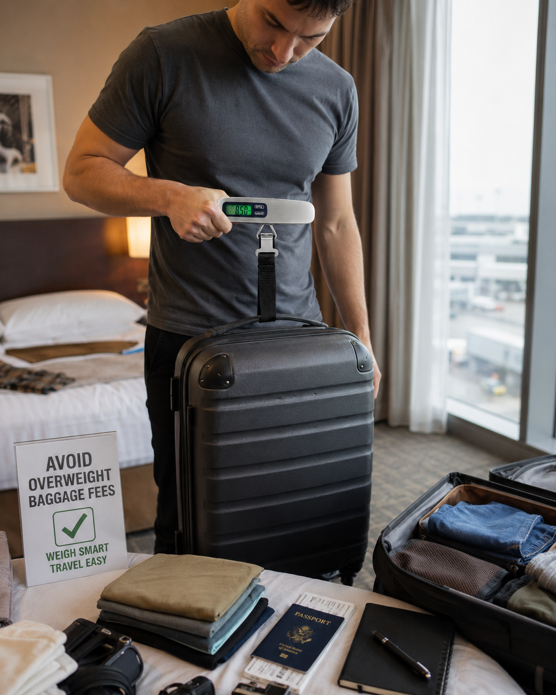 Traveler using a TRUGEAR digital luggage scale to weigh a suitcase before a flight, portable stainless steel baggage scale with LCD display for avoiding overweight luggage fees and accurate travel packing.