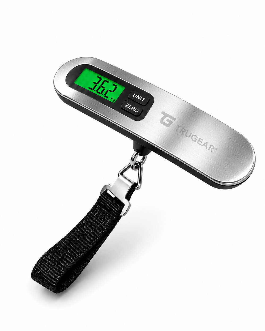 TRUGEAR portable digital luggage scale with stainless steel body, LCD display, and adjustable luggage strap, accurately weighing suitcases up to 50 kg for travel and airline baggage.