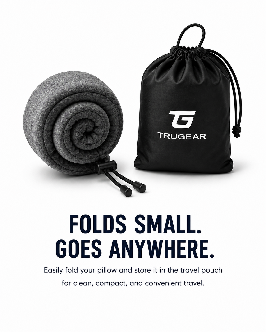 TRUGEAR memory foam travel neck pillow folded into a compact size next to its travel pouch for easy packing, storage, and convenient travel.