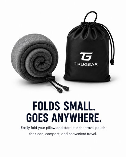 TRUGEAR memory foam travel neck pillow folded into a compact size next to its travel pouch for easy packing, storage, and convenient travel.