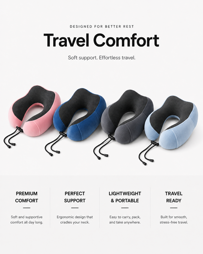 TRUGEAR memory foam travel neck pillow available in multiple colors, featuring ergonomic neck support, premium comfort, lightweight portability, and travel-ready design.