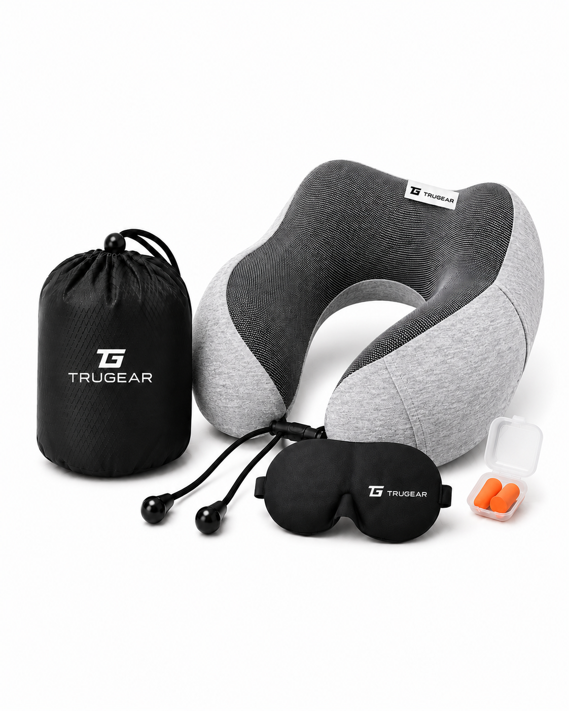 TRUGEAR memory foam travel neck pillow in light grey and black with travel bag, sleep mask, and earplugs for comfortable flights, road trips, and travel.