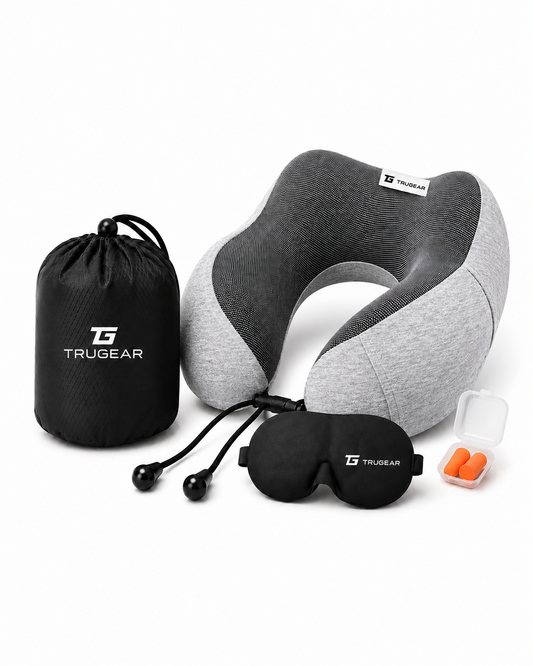 TRUGEAR memory foam travel neck pillow in light grey and black with travel bag, sleep mask, and earplugs for comfortable flights, road trips, and travel.