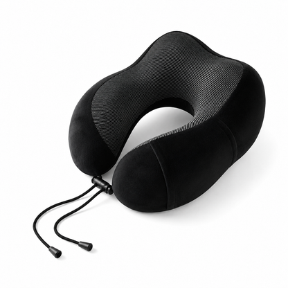 Black TRUGEAR memory foam travel neck pillow with ergonomic U-shaped design and adjustable drawstring, providing comfortable neck support for airplanes, cars, trains, and everyday travel.