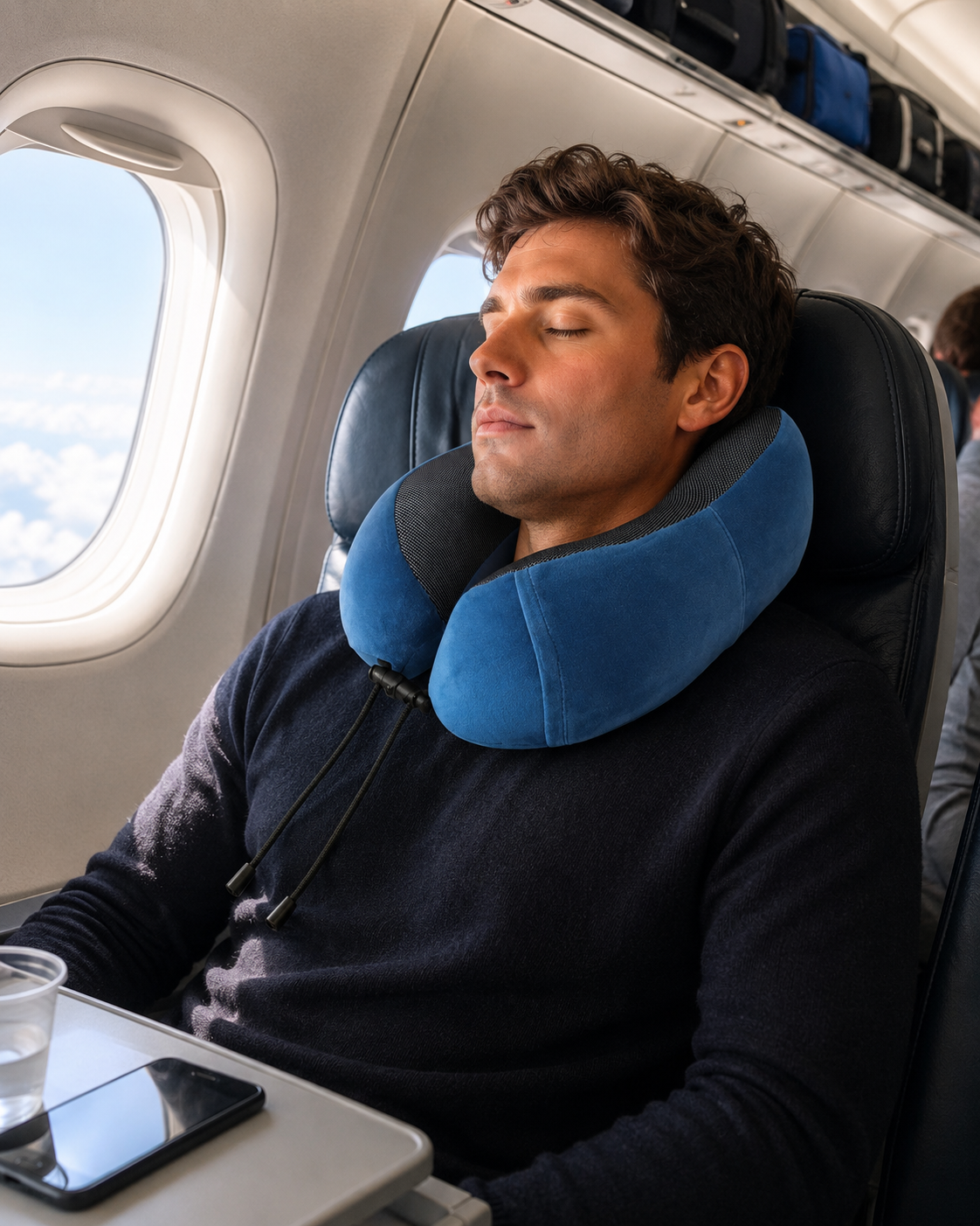 Passenger sleeping comfortably on an airplane while wearing the TRUGEAR memory foam travel neck pillow with ergonomic support for long flights and travel.