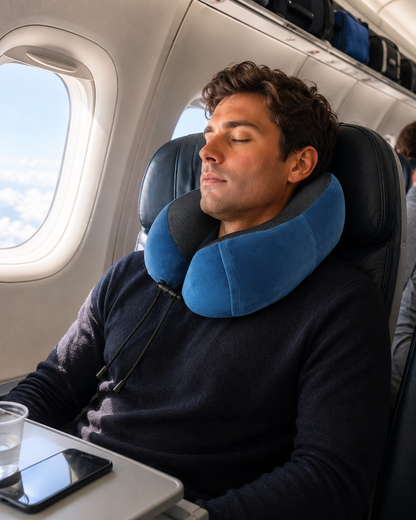 Passenger sleeping comfortably on an airplane while wearing the TRUGEAR memory foam travel neck pillow with ergonomic support for long flights and travel.