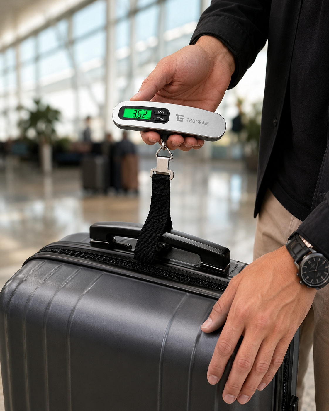 Traveler using a TRUGEAR digital luggage scale to weigh a suitcase at the airport, portable stainless steel baggage scale with LCD display and secure luggage strap for accurate airline baggage weight.