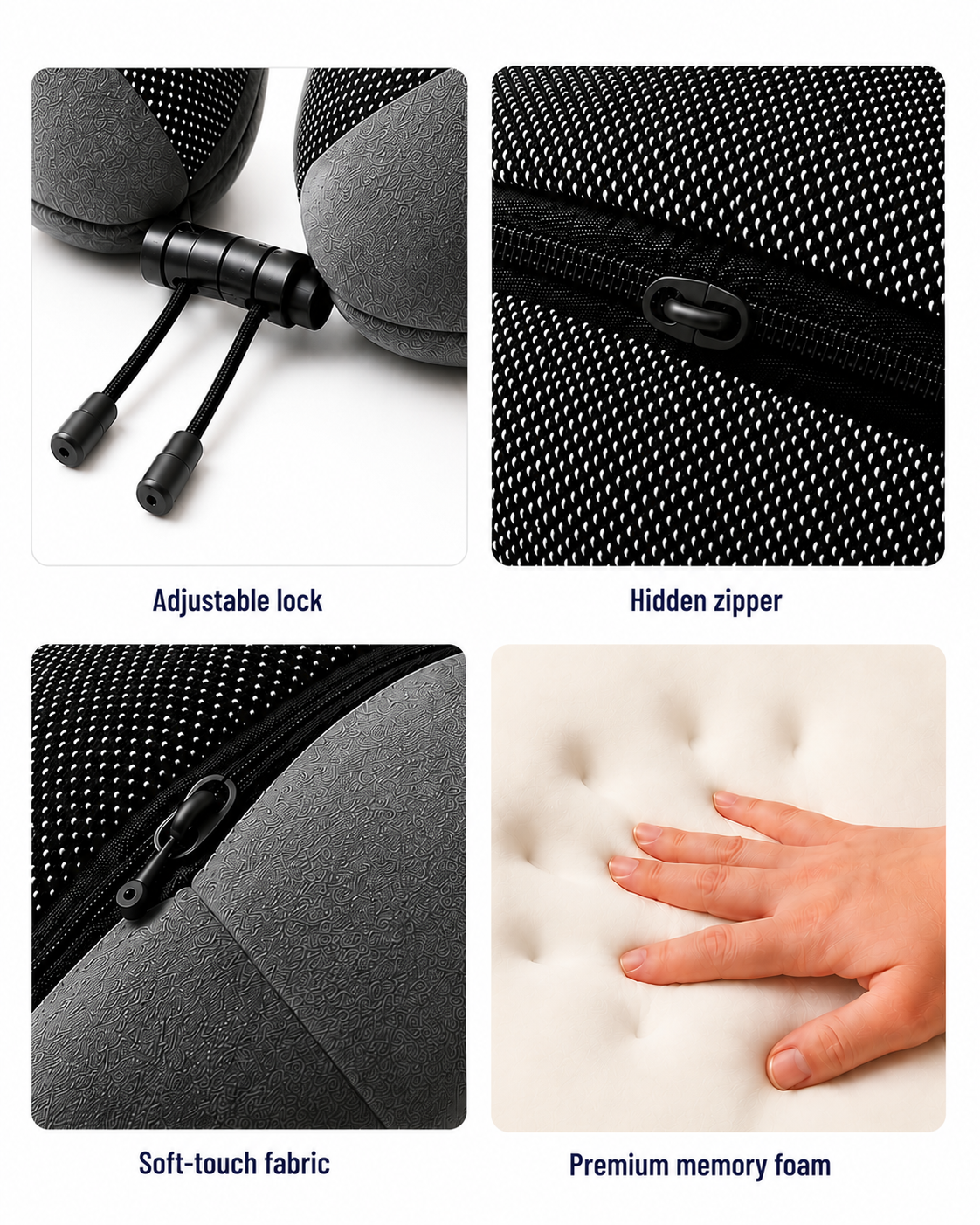 Close-up of the TRUGEAR memory foam travel neck pillow showing the adjustable lock, hidden zipper, soft-touch fabric, and premium memory foam construction.